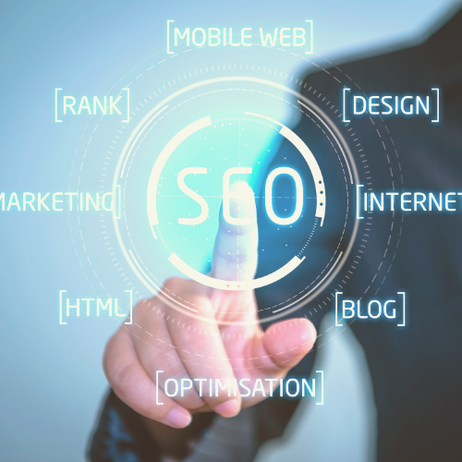 Picture of a business man's finger pointing on a virtual screen with the word SEO in the middle and words around it like a wheel; design, internet, blog, optimisation, html, marketing, rank